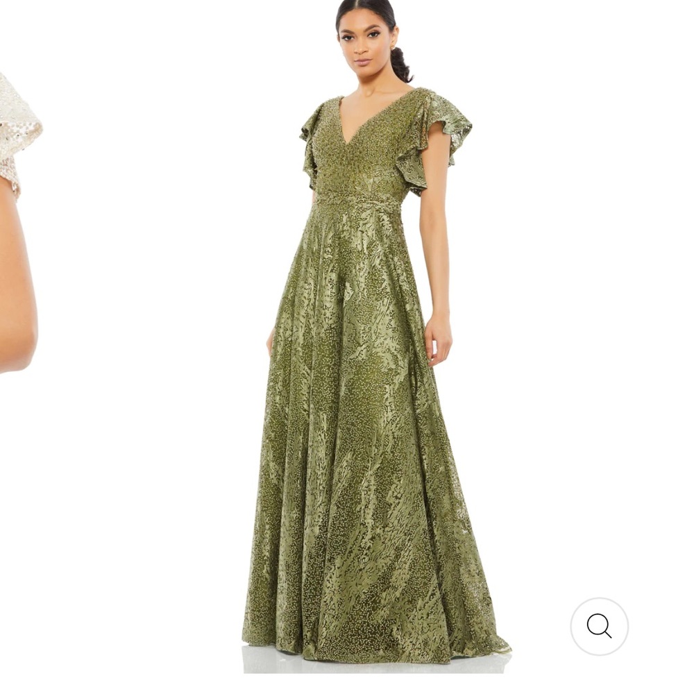 MAC DUGGAL embroidered flutter sleeve neck gown